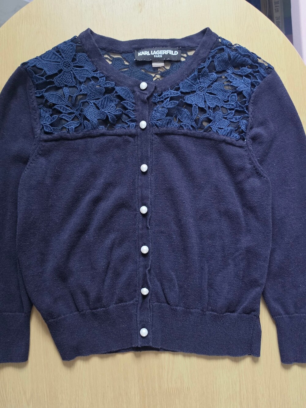 Karl Lagerfeld Navy Lace-Yoke Pearl Button Cardigan
